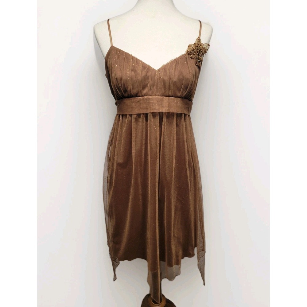 VTG Y2K Babydoll Fairy Whimsy Mesh Prom Homecoming Sparkle Brown/ Gold Large